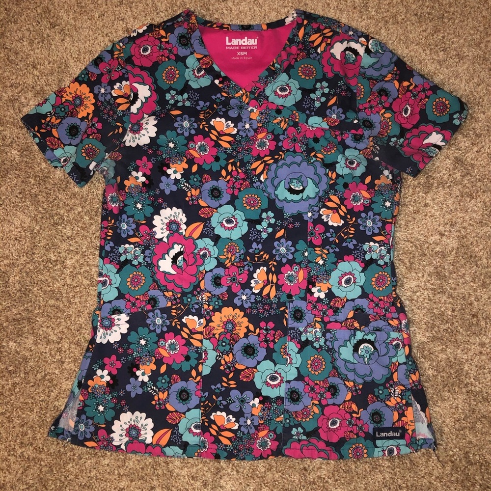 Landau Blue Orange Pink Floral Scrub Top XSM